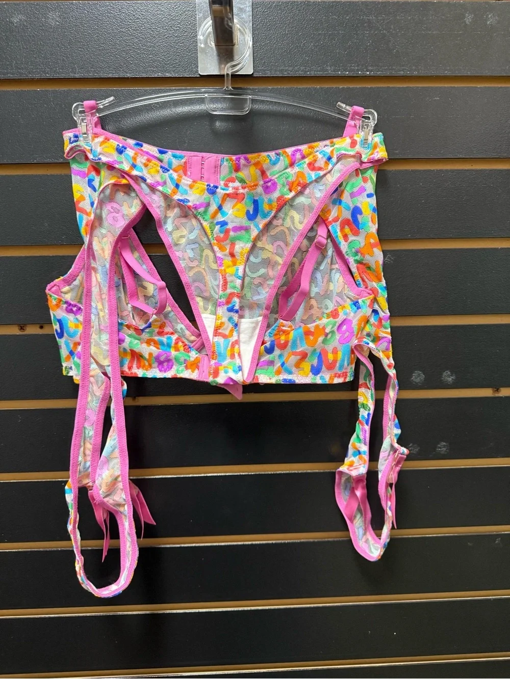 Savage X Fenty 3 Piece Rainbow Mesh Lingerie Set Small Bra Panty Garter